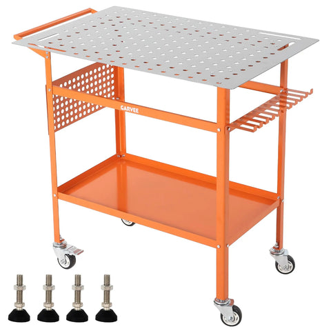 Solid As A Rock Heavy Duty Carbon Steel Welding Table 36 By 24 Inches with pegboard and rolling casters for mobility.