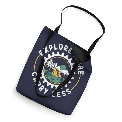 Sprocket Themed Tote Bag For Bikepacking Adventures With Tent Inside Mountain Scene Design perfect for gravel trails