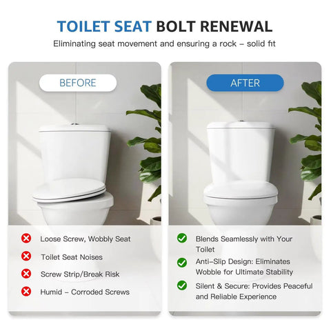 Before and after using 4 Pack Toilet Seat Screws Repair Kit With Top Mount Hinges And Expanding Rubber Bolts in bathroom.
