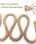 Beefy Jute Rope 1 Inch By 50 Feet Natural Hemp For Crafts Gardening Bundling Climbing Hammock Nautical Decor Tug Of War Railings And Home Projects UV Resistant Heavy Duty Cord shown in 4 strand design.