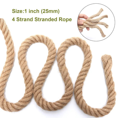 Beefy Jute Rope 1 Inch By 50 Feet Natural Hemp For Crafts Gardening Bundling Climbing Hammock Nautical Decor Tug Of War Railings And Home Projects UV Resistant Heavy Duty Cord shown in 4 strand design.