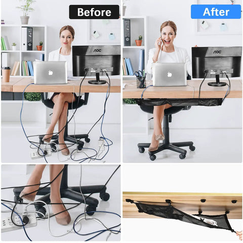 Under Desk Cable Management Net With Privacy Mesh Large Capacity Cord Organizer for tidy office setup before and after use