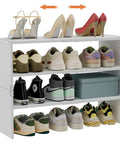 Expandable 3 Tier White Shoe Rack Organizer For Closet And Hallway, Adjustable Length From 16.9 To 28.3 Inches, Stackable Iron And Wood Shelves, Holds 8 To 16 Pairs, Great Space Saver For Small Spaces, Entryway, Garage with various shoes displayed.