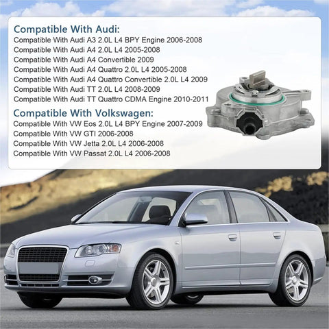 Heavy Duty Brake Vacuum Pump Assembly With 06D145100g showcased near compatible Audi and Volkswagen models.