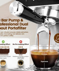 Digital Touchscreen Espresso Maker With 20 Bar Pressure Pump And Dual Spout Portafilter 51 Oz Tank showing rich espresso crema extraction.