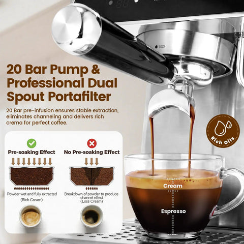 Digital Touchscreen Espresso Maker With 20 Bar Pressure Pump And Dual Spout Portafilter 51 Oz Tank showing rich espresso crema extraction.
