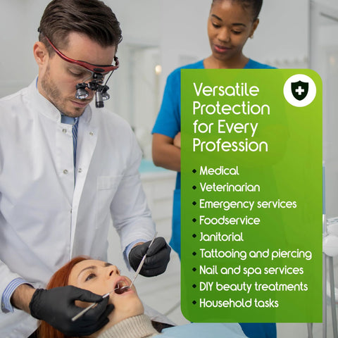 Inspire black nitrile gloves worn by a dentist during dental procedure; patient lying down.