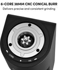Close-up of Heavy Duty Single Dose Coffee Grinder With Six Conical Burrs And Stepless Dial for precise grinding.