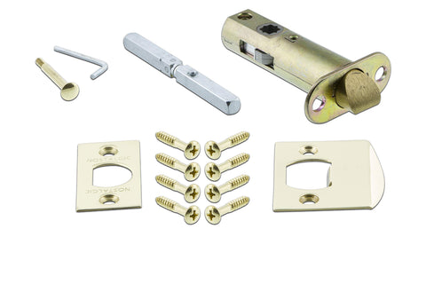 Old School Brass Door Hardware Set With Egg And Dart Plate And Crystal Glass Knob Privacy Lock Two Sided Complete Kit For One Door Unlacquered Brass Backset Two And Three Eighths Inches Ideal For Bathrooms And Bedrooms And Restoration Projects components including latch, screws, and plates.