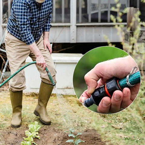 Gardener using hose with Stainless Steel Irrigation Hose Clamps 6 Pack Double Line Spring Clips for Drip Irrigation Systems.