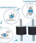Rock Solid 4 Pack M8 Double Stud Rubber Isolator Mounts Measuring 30X20mm With Zinc Coated Steel And Hex Locknuts sketch of compression and cut uses.