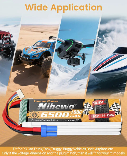 4S 6500mAh RC Battery 100C With EC5 Connector Soft Case Beefy Two Pack shown with RC car, drone, and boat applications