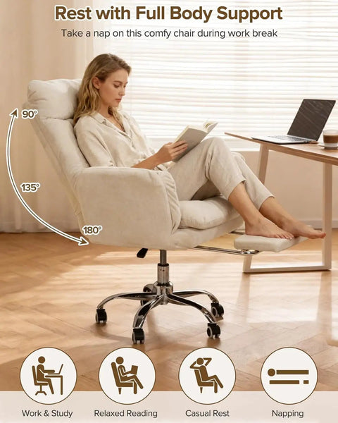 Woman lounging in Heavy Duty Office Chair With Footrest And Flip Up Armrests Ergonomic Desk Chair For All Day Comfort Reclining Gaming Style