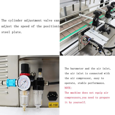 Plug And Play Automatic Liquid Filling Machine With Magnetic Pump And Four Stainless Nozzles Handles Five To One Thousand Milliliter Bottles Fast Rock Solid Ironclad Conveyor Belt Delivers Straight Fire Industrial Efficiency showing cylinder adjustment valve and air inlet setup.