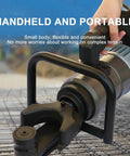 Close-up of the Heavy Duty Handheld Electric Hydraulic Rebar Bender Powered By 1800W Motor bending steel rods on site.