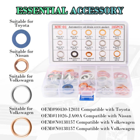 105Piece Car Oil Drain Plug Gasket Set with M10 to M20 Crush Washers 15 Specifications OEM References in organized case
