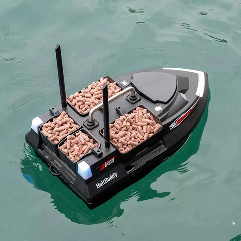 Pro RC Fishing Bait Boat with Four Bait Holders on Water, Black