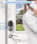Trade In Your Heavy Keys For This Ultra Fast Fingerprint Smart Lock With Two Lever Handles In Clean Satin Nickel Finish Delivers Eight Way Keyless Entry And Smooth Remote App Control For Easy Home Living, close-up of door lock with auto-lock feature.