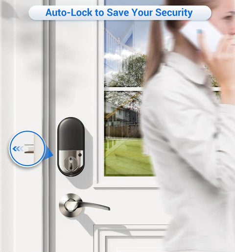 Trade In Your Heavy Keys For This Ultra Fast Fingerprint Smart Lock With Two Lever Handles In Clean Satin Nickel Finish Delivers Eight Way Keyless Entry And Smooth Remote App Control For Easy Home Living, close-up of door lock with auto-lock feature.