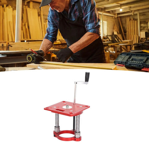 65 Millimeter Aluminum Router Table Lifting System With Anodized Milling Table Lift And Ring Clamping For Engraving Machines And Woodworking Projects In Home Shops And Pro Grade Woodworking Setups red router lift with hand crank in workshop