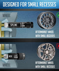 Comparison of spline vs hex lug nuts for aftermarket wheels with small recesses shown in car hub assembly