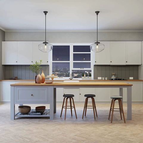 Modern kitchen with Saddle Creek 1 Light Noble Bronze Pendant With Seeded Glass Shade Dimmable Schoolhouse Ceiling Fixture