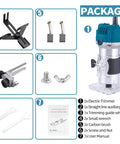 Rock Solid Electric Wood Router And Smooth Operator Trimmer Featuring A Soft Cushion Grip To Nail Laminate Milling Engraving Slotting And Precision Carving Jobs Daily package contents, including trimmer, guide wheels, and user manual.