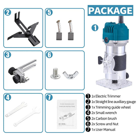 Rock Solid Electric Wood Router And Smooth Operator Trimmer Featuring A Soft Cushion Grip To Nail Laminate Milling Engraving Slotting And Precision Carving Jobs Daily package contents, including trimmer, guide wheels, and user manual.