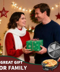Couple exchanging a gift with Novalife Electric Quesadilla Maker 9.5 Inch Press visible, showcasing perfect wedges and non-stick surface.