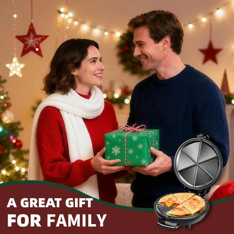 Couple exchanging a gift with Novalife Electric Quesadilla Maker 9.5 Inch Press visible, showcasing perfect wedges and non-stick surface.