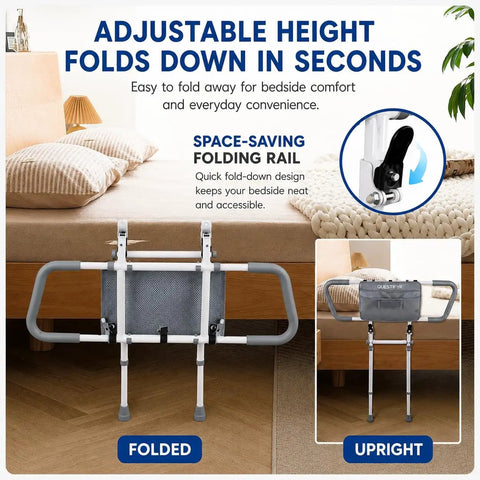 Foldable Bed Rail For Seniors Safety With Motion Sensor Light And Storage Bag, shown folded and upright on a bed