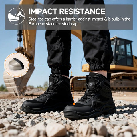 Steel Toe Work Boots For Men Built Tough For The Jobsite With All Day Breathable Comfort And Anti Smash Protection on rocky ground