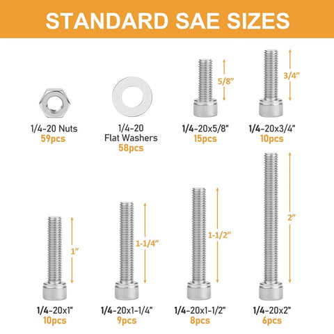 Must-Have 1/4-20 Hex Socket Head Cap Screws Set, 175-Piece Stainless Steel 304 18-8 UNC Bolts, Nuts, Washers Assortment Kit Sizes