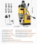 1450W Portable Electric Magnetic Drill Press With Heavy Duty 13000N Mag Base For Steel Metal Surfaces showing steel bits and control panel.