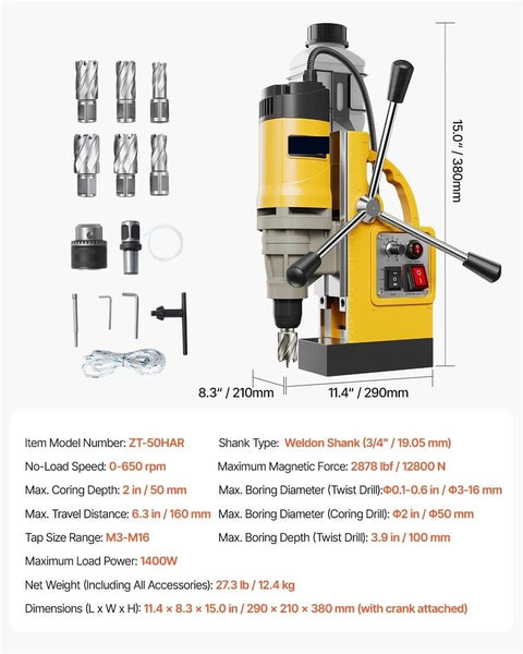 1450W Portable Electric Magnetic Drill Press With Heavy Duty 13000N Mag Base For Steel Metal Surfaces showing steel bits and control panel.