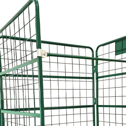 Side Opening Foldable Mesh Rolling Cage Cart for Warehouse Use a Real Workhorse Heavy Duty Dolly Trolley with Easy Access Door Space Saving Cage Cart for Quick Loading Unloading and Transport of Boxes and Packages, green steel mesh side door