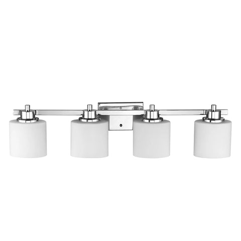 4-Light Chrome Bath Vanity Wall Fixture with Alabaster Glass Shades and Etched Details, 33-Inch Wide, White Finish, Modern Bathroom Design