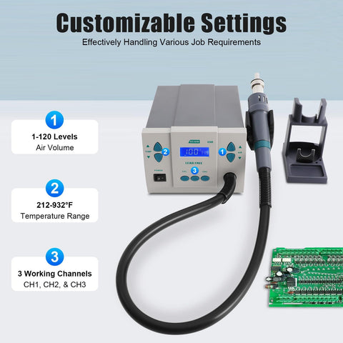 Powerful 1000W Digital Hot Air Rework Station with LCD Display and Nozzles, shown with customizable settings and PCB board for repairs