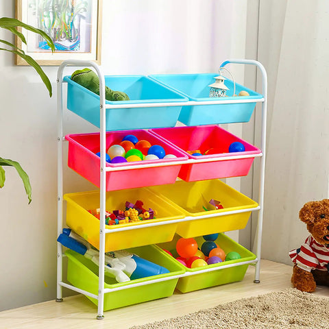 Large Stackable Plastic Storage Bins For Home And Classroom Organization, 15 By 11.5 Inch Toy Baskets on shelf with toys