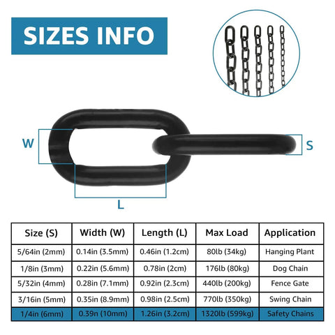 Built Tough Black Chain Link One Quarter Inch Twenty Foot Heavy Duty Hanging Chain for Plants Hammock Chair Porch Swing Gate Fence Outdoor Use Carbon Steel Construction with size chart