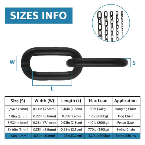 Heavy Duty One Quarter Inch Chain Kit size chart with dimensions and load capacity for hammock chair and porch swing.