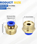 4 Pack Push To Connect Fittings For 0.31 Inch OD Tube One Half G Brass Pneumatic Male Adapters With Quick Connect Air Line Fittings For Factory Pneumatic Systems Blue, dimensions shown with blue cap detail.