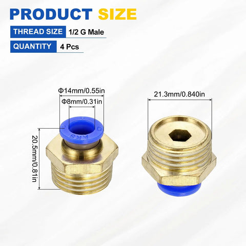 4 Pack Push To Connect Fittings For 0.31 Inch OD Tube One Half G Brass Pneumatic Male Adapters With Quick Connect Air Line Fittings For Factory Pneumatic Systems Blue, dimensions shown with blue cap detail.