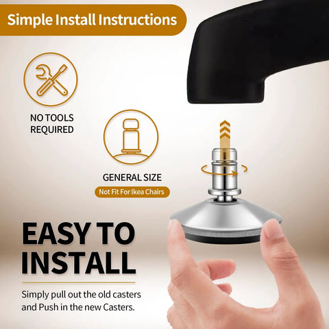 Heavy Duty Low Profile Desk Chair Casters With A Grippy Grip Ring Base Converting Between Swivel Or Stationary Rollers easy install instructions image