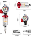 Dimensions of air compressor regulator and flow control valve with pressure gauge and oil water separator for pneumatic tools.