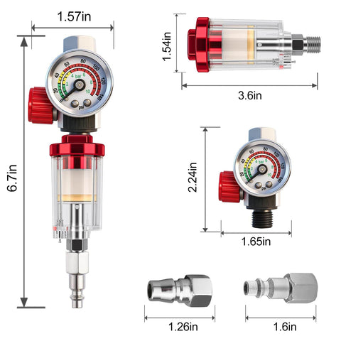 Dimensions of air compressor regulator and flow control valve with pressure gauge and oil water separator for pneumatic tools.
