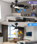 Black Ceiling Fan With Lights And Remote 28 Inch Modern Ceiling Fan With Quiet DC Motor 5 Speed Settings Reversible Blades Ideal For Living Room Bedroom Patio Indoors Or Outdoors shown in seasonal settings