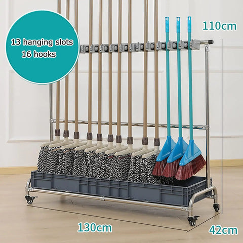 Movable Broom And Mop Rack Cart With Wheels For Cleaning Tools Stainless Steel Storage Organizer for organized storage