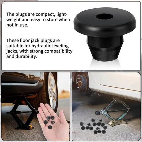 Five Sixteenth Inch Rubber Hydraulic Jack Oil Plugs Five Pack Universal Replacement Bung For Oil Reservoir Filler Hole Heavy Duty Leak Proof Seal Durable Rubber Jack Accessory For Hydraulic Systems And Lifts in use and close-up view