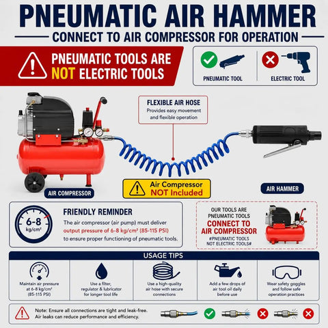 Pneumatic Air Hammer connected to an air compressor, featuring a flexible air hose for mobility and operation.